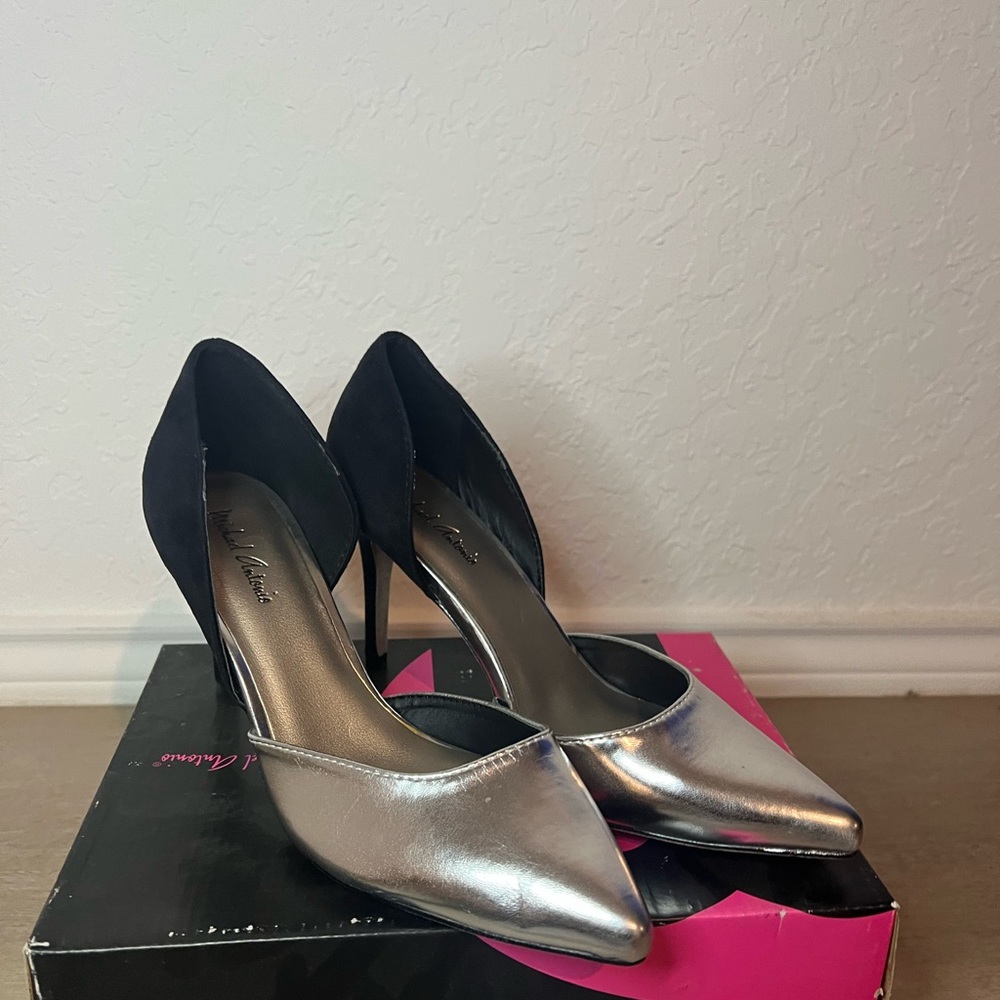 Michael Antonio black and silver point toed heels
